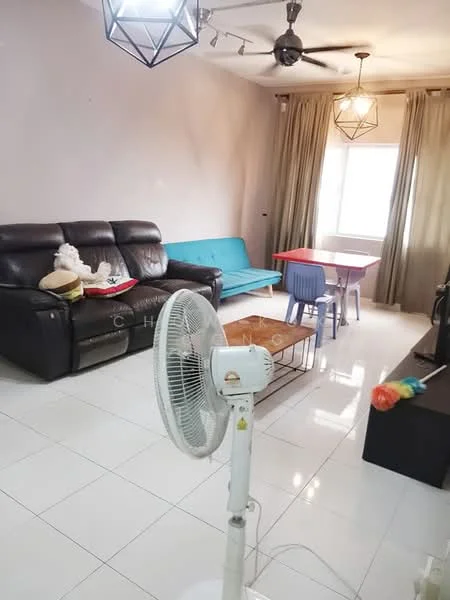 Living features: black leather sectional sofa, blue fabric sofa, red dining table, four blue dining chairs, white ceiling fan, two pendant lights, white tiled flooring, floor-to-ceiling windows with curtains, decorative wall art, TV console, colorful decorative item; style: modern.