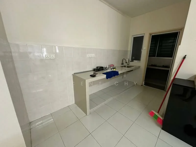 Kitchen features: white tiled walls, white ceramic tile flooring, single-bowl stainless-steel sink, chrome pull-down faucet, kitchen countertop, gas stove, wall-mounted cabinets, open shelving, window for natural light; style: modern.
