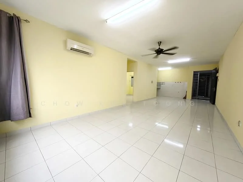 Living features: cream painted walls, glossy white tile flooring, 5-blade ceiling fan, wall-mounted split AC, large window with grey curtains, open layout, recessed lighting, door leading to outside, neutral color scheme; style: modern.