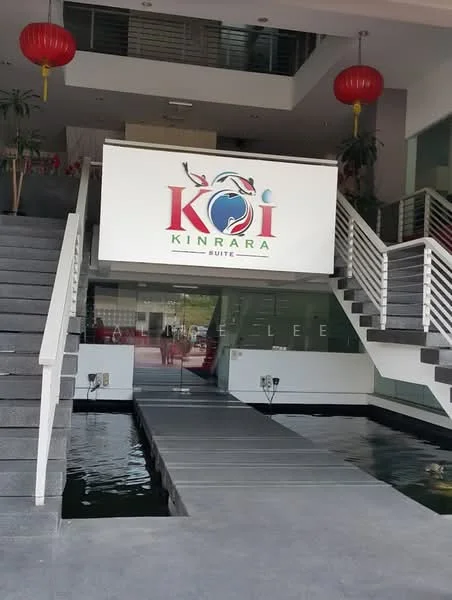 Exterior features: water feature with koi fish pond, staircase with modern railing, grey stone flooring, large glass windows, decorative lanterns, signage with logo, open space design, indoor plants; style: modern.