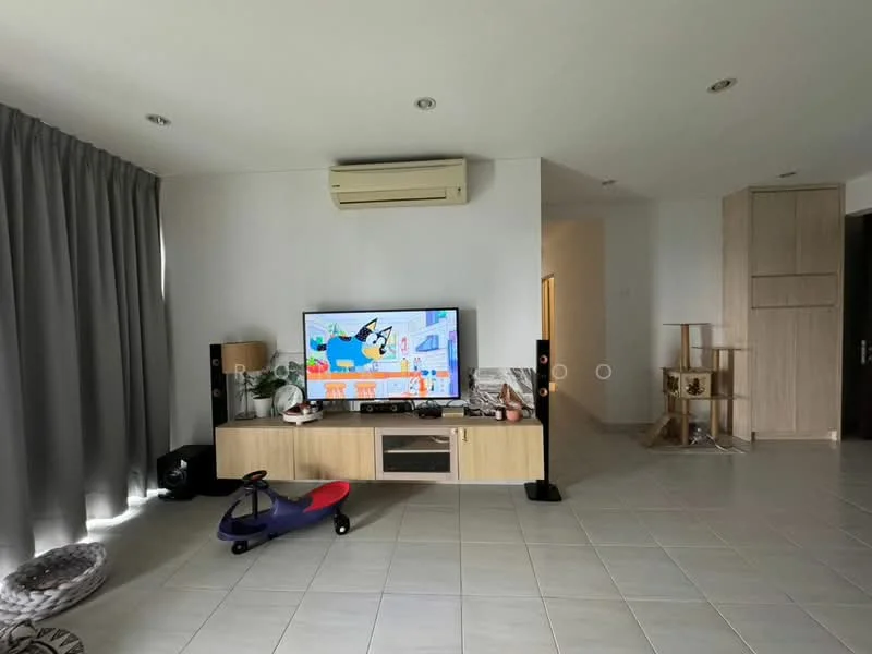 Living features: light grey tiled flooring, white painted walls, ceiling-mounted air conditioning unit, wall-mounted TV, light wood TV console, black speakers, grey curtains, decorative plant, wooden shelving unit, children's toy, open layout, recessed lighting; style: modern.