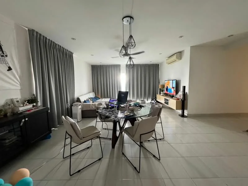 Living features: grey curtains, ceiling fan with light, glass dining table, 4 upholstered dining chairs, sofa, TV console, wall-mounted TV, light-colored tiled flooring, decorative wall shelf, air conditioning unit; style: modern.