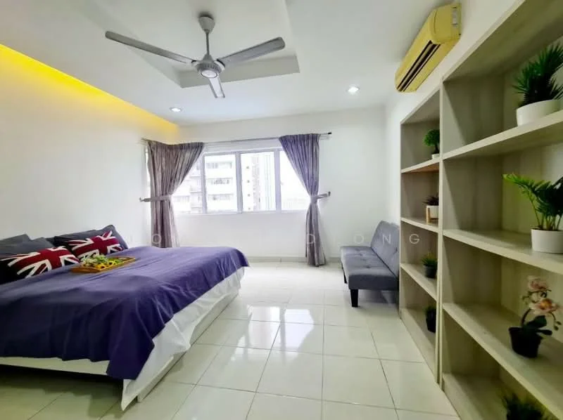 Bedroom features: king-size bed with purple bedding, upholstered headboard, 2 bedside pillows with Union Jack design, ceiling fan with integrated light, wall-mounted air conditioning unit, large window with sheer curtains, white painted walls, glossy tile flooring, built-in shelving unit, decorative plants on shelves, grey fabric sofa, decorative wall art; style: modern; view: city.
