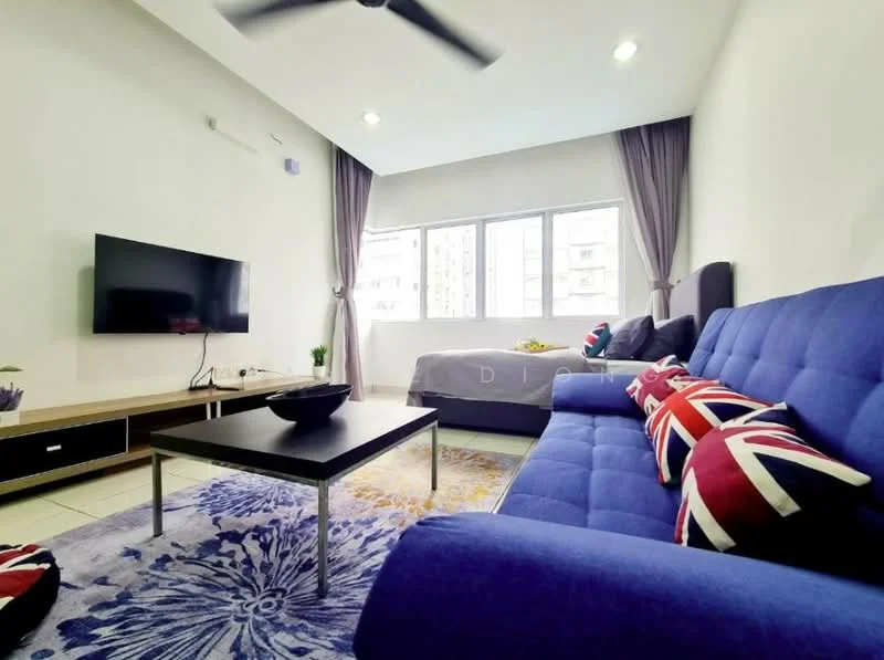 Living features: blue fabric sofa, coffee table, TV console, wall-mounted TV, area rug with floral pattern, floor-to-ceiling windows, curtains, ceiling fan, decorative cushions with Union Jack pattern, light-colored walls, tile flooring; style: modern.