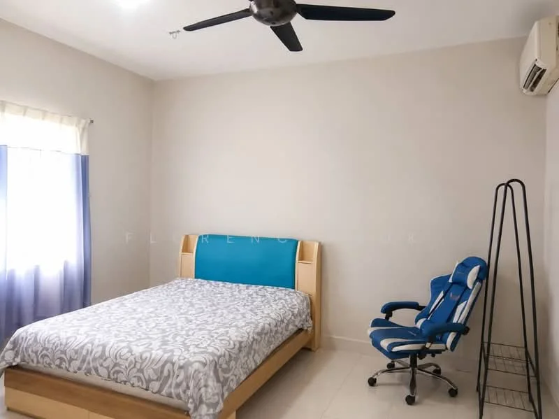 Bedroom features: king-size bed with patterned bedding, upholstered headboard, 2 bedside lamps, study desk with ergonomic chair, floor-to-ceiling window with sheer curtains, grey painted walls, ceiling fan, wall-mounted split AC, tile flooring; style: modern.