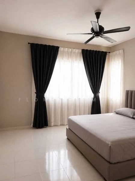 Bedroom features: queen-size bed, upholstered headboard, blackout curtains, sheer curtains, 5-blade ceiling fan, white painted walls, glossy tile flooring, floor-to-ceiling windows; style: modern.