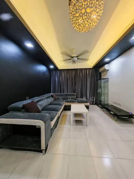 Living features: L-shape sectional sofa in dark grey, white coffee table, chandelier with decorative bulbs, 5-blade ceiling fan, black accent wall, light yellow tray ceiling, curtains in grey fabric, ceramic tile flooring in white, wall-mounted air conditioning unit; style: modern.