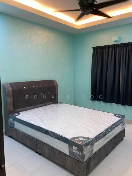 Bedroom features: queen-size bed with upholstered headboard, grey fabric bed frame, white mattress, light blue painted walls, ceiling with recessed lighting, 5-blade ceiling fan, blackout curtains, white tiled flooring; style: modern.