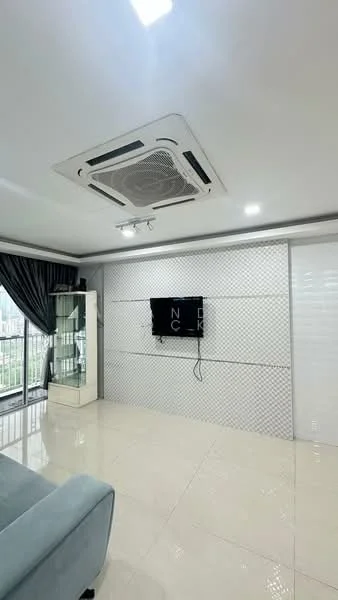 Living features: wall-mounted TV, 1 wall-mounted split AC, grey fabric sofa, cream tiled flooring, white painted walls, blackout curtains, glass display cabinet, recessed LED downlights, decorative wall paneling; style: modern; view: city.