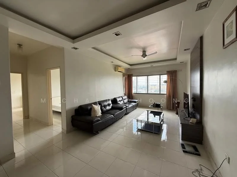 Living features: 3-seater leather sofa in black, coffee table with glass top, wall-mounted TV, TV console, floor-to-ceiling windows, sheer curtains, white painted walls, polished ceramic tile flooring, ceiling fan with light, recessed downlights; style: modern; view: city. Room features: doorway leading to another room, white painted walls, polished ceramic tile flooring.