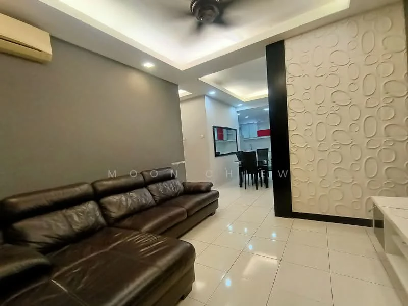 Living features: 3-seater leather sofa in dark brown, white coffee table, wall-mounted TV, ceiling fan with light, recessed downlights, white tiled flooring, grey painted walls, textured feature wall with circular patterns, air conditioning unit; style: modern. Dining features: 4-seater dining table, black dining chairs, open layout to kitchen, grey painted walls; style: modern.