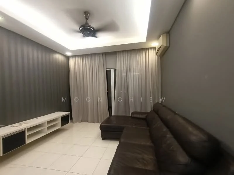 Living features: grey painted walls, striped accent wall, white ceiling with recessed lighting, 5-blade ceiling fan with light, sliding glass door, floor-to-ceiling curtains, white TV console, brown leather sectional sofa, white tiled flooring, wall-mounted air conditioning unit; style: modern.