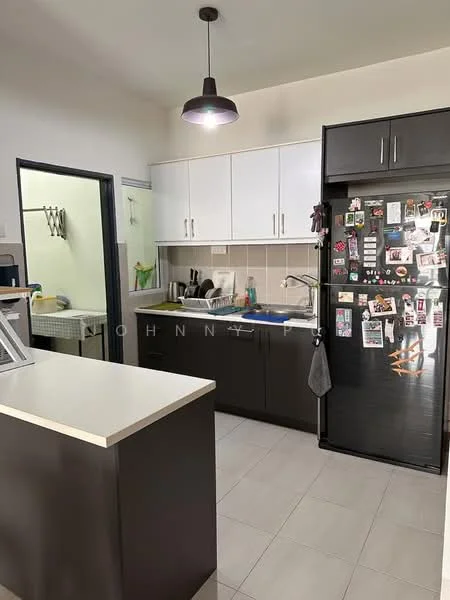 Kitchen features: white upper cabinets, black lower cabinets, stainless-steel fridge, single-bowl stainless-steel sink, chrome pull-down faucet, white countertop, tile backsplash, pendant light, kitchen island, wall-mounted shelves, kitchen utensils hanging, grey tile flooring; style: modern.