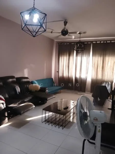 Living features: black leather sectional sofa, blue fabric sofa, metal coffee table with geometric design, white tiled flooring, pink painted walls, floor-to-ceiling curtains in dark brown, 2 pendant lights with geometric shades, ceiling fan, decorative wall art, area rug; style: modern.