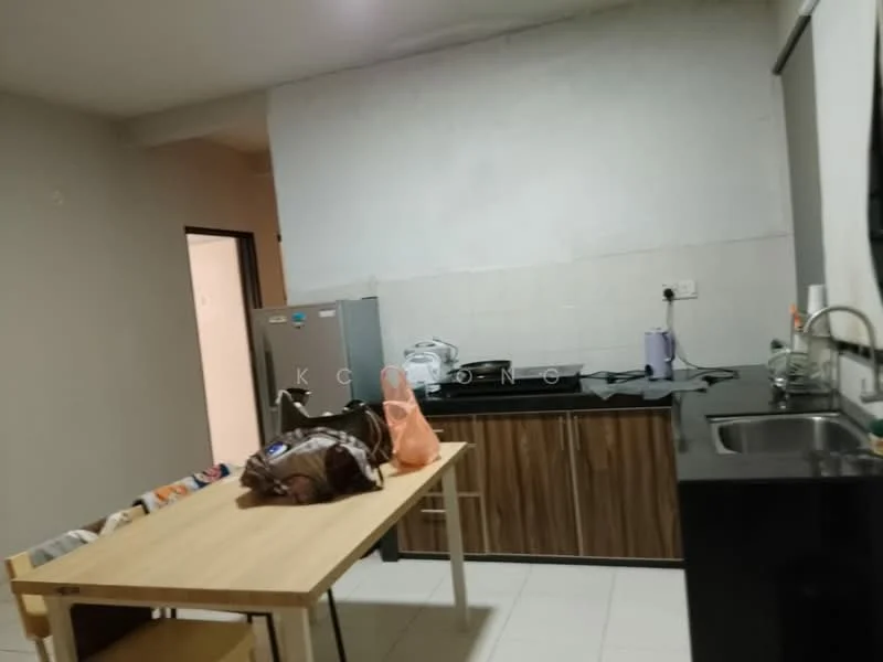 Kitchen features: black granite countertop, wood cabinetry, stainless-steel sink, single-bowl sink, built-in stove, refrigerator, kitchen table, four wooden chairs, white tiled backsplash, white walls, tile flooring, kettle, plastic bags on table; style: modern.