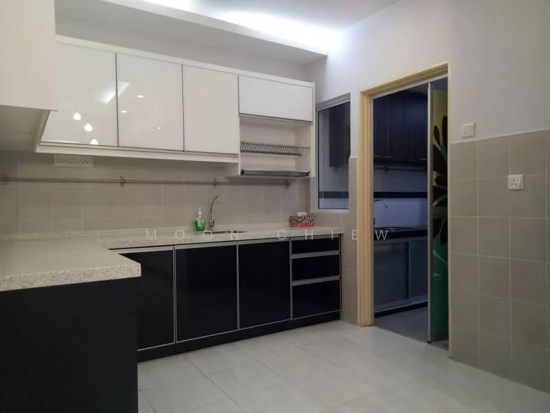 Kitchen features: white glossy upper cabinets, black lower cabinets, granite countertop, single-bowl stainless-steel sink, chrome pull-down faucet, built-in oven, ceramic tile flooring, recessed downlights, wall-mounted shelving, open shelving, kitchen island with storage; style: modern.