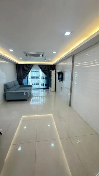 Living features: grey fabric sofa, marble tile flooring, recessed downlights, ceiling-mounted air conditioning unit, floor-to-ceiling windows, blackout curtains, wall-mounted TV, white tiled accent wall, LED strip lighting, open layout; style: modern; view: city.