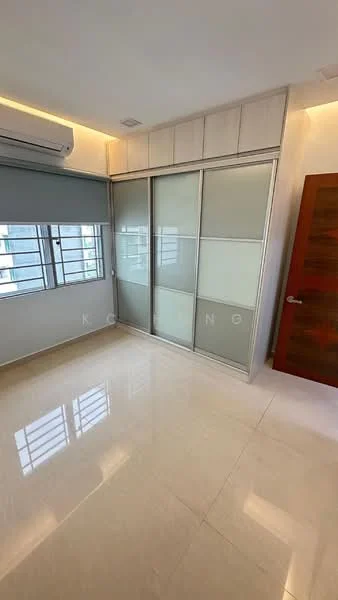 Bedroom features: cream marble tile flooring, white painted walls, built-in wardrobe with sliding glass doors, 1 wall-mounted split AC, recessed LED downlights, window with sheer curtains, wooden door, corner window; style: modern.