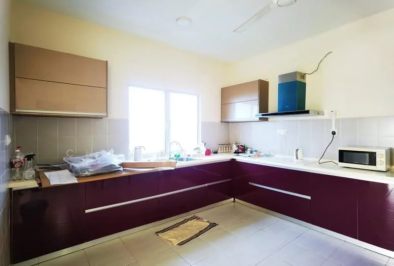 Kitchen features: purple laminate cabinetry, light beige upper cabinets, white countertop, single-bowl stainless-steel sink, chrome pull-down faucet, built-in microwave, kitchen towel on floor, window with natural light, tile backsplash, ceiling fan, wall-mounted range hood, ceramic tile flooring; style: modern.