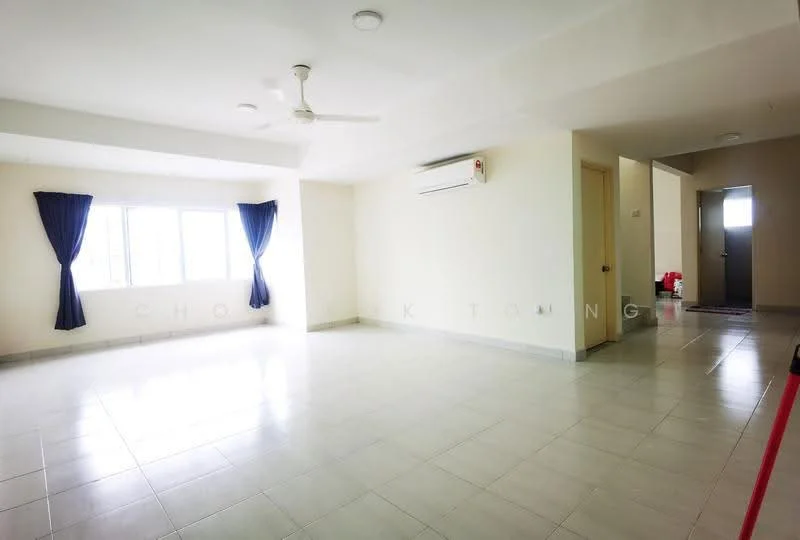 Living features: white painted walls, grey tiled flooring, 5-blade ceiling fan, wall-mounted split AC, floor-to-ceiling windows, blue curtains, recessed lighting, open layout; style: modern. Room features: cream painted walls, grey tiled flooring, doorway leading to hallway, light switch.