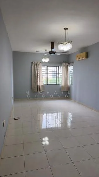 Living features: light grey painted walls, white tiled flooring, 5-blade ceiling fan with light, 2 pendant lights, floor-to-ceiling windows, sheer curtains, air conditioning unit, no visible furniture; style: modern; view: garden.