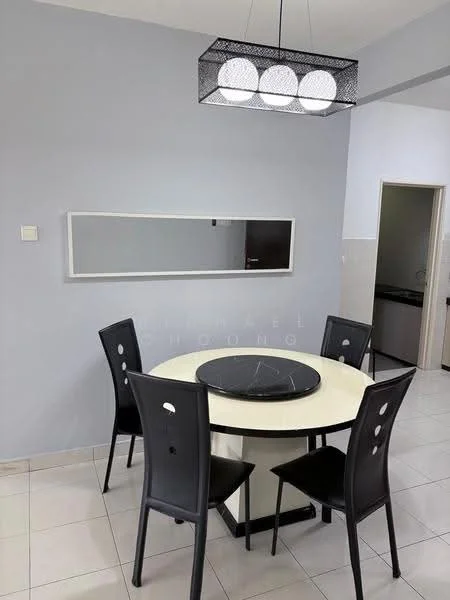 Dining features: round dining table with black marble top, 4 black dining chairs with circular cut-out backs, white painted walls, white tiled flooring, modern pendant light fixture, mirror on wall, doorway leading to kitchen; style: modern.