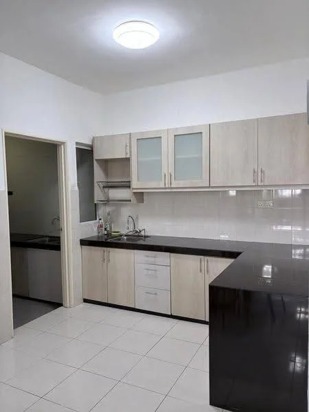 Kitchen features: white painted walls, glossy white tile flooring, black granite countertop, light wood cabinetry with glass-front upper cabinets, stainless-steel sink, chrome pull-down faucet, built-in oven, microwave, kitchen island, open shelving, recessed ceiling light; style: modern. Room features: white painted walls, glossy white tile flooring.
