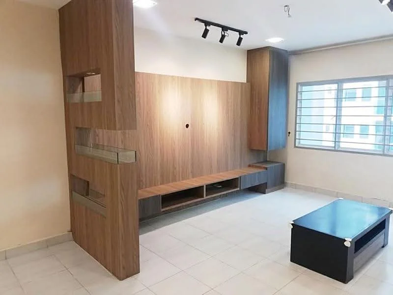 Living features: light-colored tiled flooring, wooden feature wall with built-in shelves, wall-mounted TV console, recessed lighting, large window with horizontal bars, neutral wall color, track lighting, open layout; style: modern.