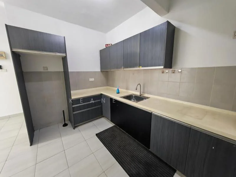 Kitchen features: grey cabinetry, laminate countertop, single-bowl stainless-steel sink, chrome pull-down faucet, tile backsplash, ceramic tile flooring, wall-mounted cabinets, kitchen mat, built-in pantry, white walls, recessed lighting; style: modern.
