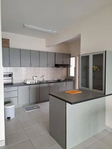 Kitchen features: grey cabinetry, white tiled backsplash, stainless-steel sink, chrome pull-down faucet, built-in gas stove, microwave, kitchen island with countertop, ceramic tile flooring, recessed ceiling lights, window for natural light, open shelving, waste bin; style: modern.
