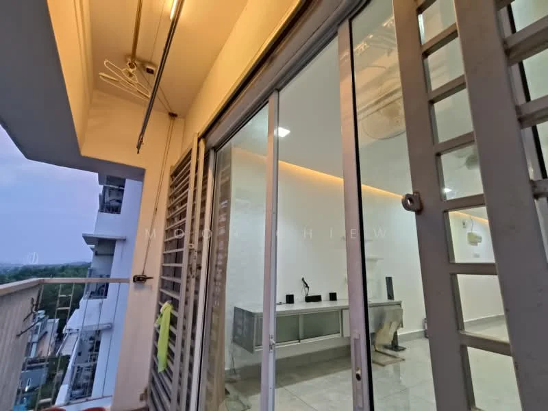 Room features: sliding glass door, floor-to-ceiling windows, white walls, recessed LED downlights, ceramic tile flooring, balcony railing, outdoor clothes drying rack, neutral decor; style: modern; view: city.