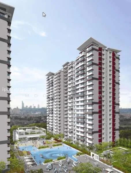 Exterior type: high-rise condominium; features: glass curtain wall, white painted facade, red accent panels, infinity pool, swimming pool deck with loungers, children's playground, landscaped garden, surrounded by mature greenery, city skyline in background; style: modern.