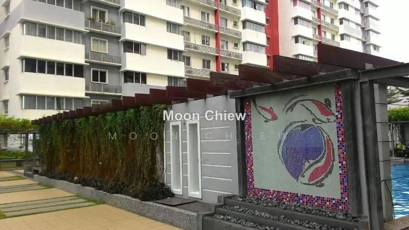 Exterior type: mid-rise condominium; features: decorative mosaic wall, landscaped greenery, paved walkway, swimming pool visible in background, multiple storeys, balconies on upper floors, modern architectural design; style: contemporary.