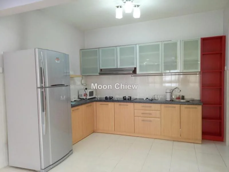 Kitchen features: stainless-steel fridge, built-in microwave, granite countertop, glass-front upper cabinets, wood lower cabinets, 4-burner gas hob, stainless-steel sink, chrome pull-down faucet, tile backsplash, recessed downlights, white walls, cream tiled flooring; style: modern.