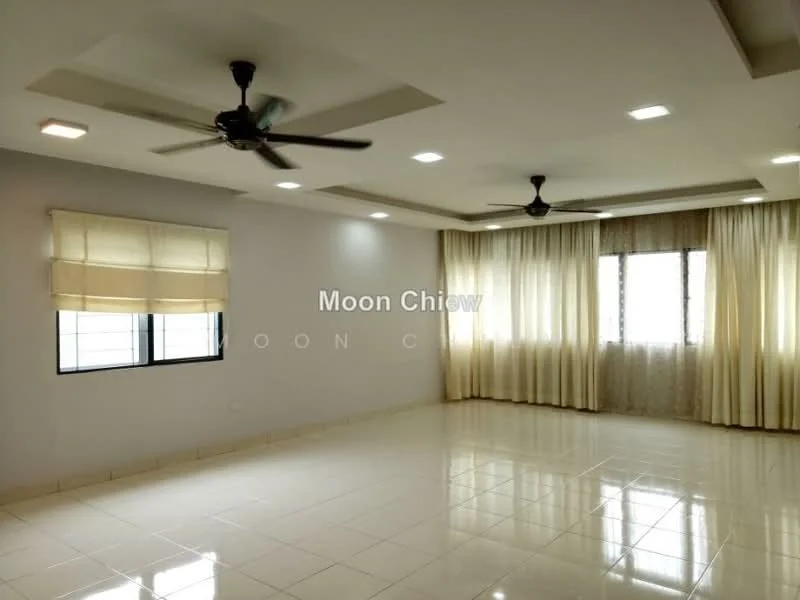 Living features: white painted walls, recessed ceiling with downlights, 2 ceiling fans, large windows with sheer curtains, cream curtains, glossy ceramic tile flooring, neutral color scheme, open layout; style: modern.