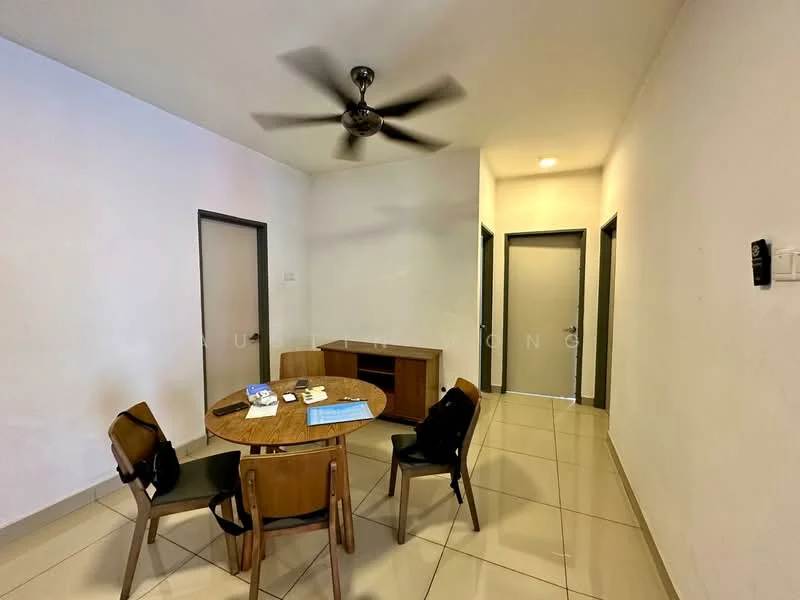 Room features: white painted walls, tile flooring, ceiling fan, round dining table, 4 dining chairs, wooden sideboard, 2 doors leading to other rooms, light fixture on ceiling; style: modern.