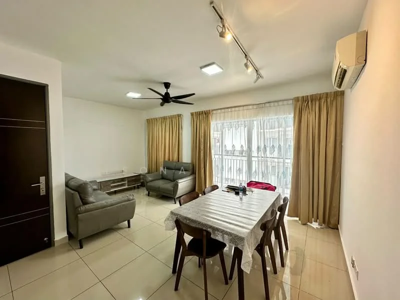 Living features: grey fabric sofa, 2-seater sofa, dining table with 6 chairs, ceiling fan with light, recessed LED downlights, floor-to-ceiling windows, sheer curtains, white painted walls, glossy tile flooring, air conditioning unit; style: modern.