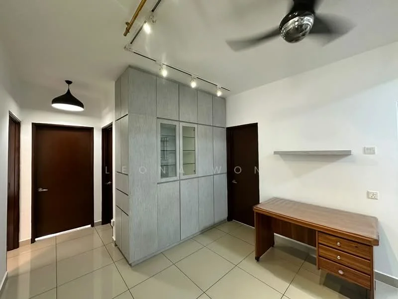Room features: white painted walls, grey cabinetry with glass display, brown wooden desk, tile flooring, ceiling fan, recessed lighting, shelf mounted on wall, two wooden doors; style: modern.