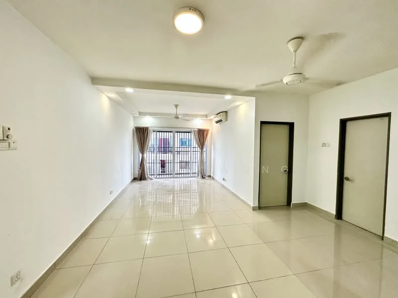 Living features: white painted walls, glossy ceramic tile flooring, recessed downlights, 5-blade ceiling fan, floor-to-ceiling sliding glass door, sheer curtains, balcony view, air conditioning unit, neutral color scheme, open layout; style: modern; view: city.