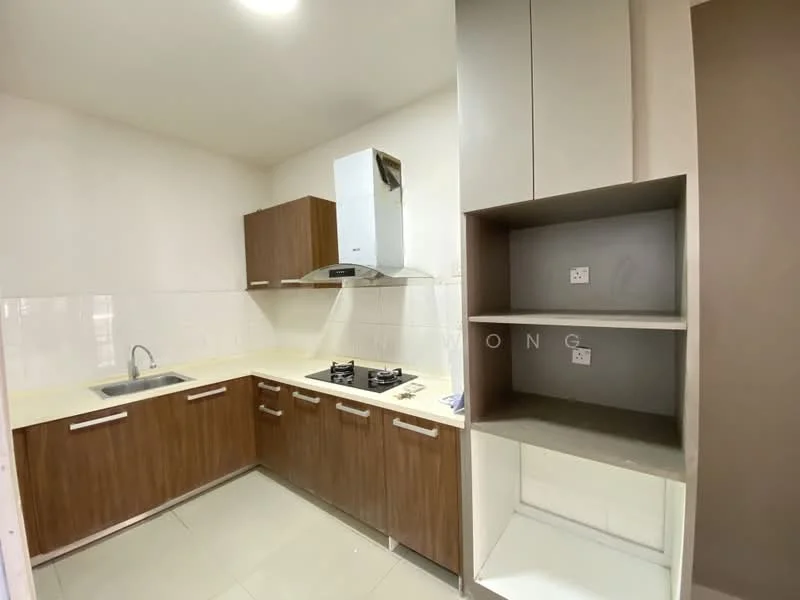 Kitchen features: brown wooden cabinetry, white countertop, single-bowl stainless-steel sink, chrome pull-down faucet, 2-burner gas hob, built-in oven, white tiled backsplash, ceramic tile flooring, exhaust hood, open shelving, wall-mounted electrical outlets; style: modern.