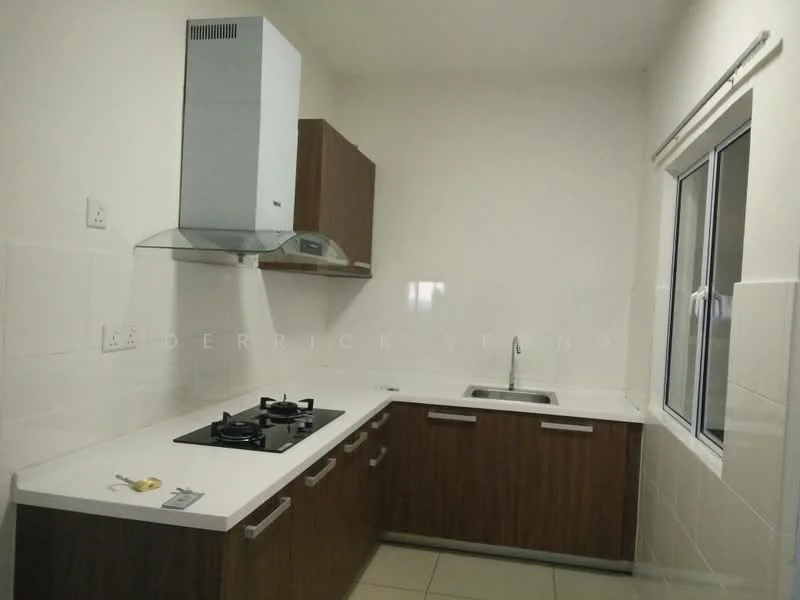 Kitchen features: brown wooden cabinetry, white countertop, stainless-steel single-bowl sink, chrome pull-down faucet, built-in gas hob with 2 burners, extraction hood, white tiled walls, cream tiled flooring, window with white frame; style: modern.