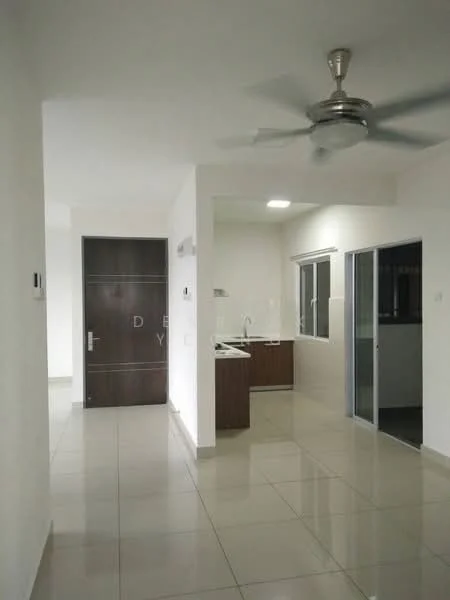 Kitchen features: white painted walls, glossy tile flooring, kitchen cabinetry in dark wood, single-bowl stainless-steel sink, chrome pull-down faucet, built-in oven, freestanding range oven, recessed LED downlights, sliding glass door, floor-to-ceiling window, ceiling fan; style: modern. Living features: white painted walls, glossy tile flooring, ceiling fan, recessed LED downlights, sliding glass door, floor-to-ceiling window; style: modern.