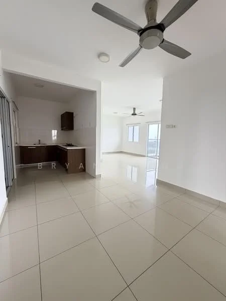 Living features: white painted walls, glossy ceramic tile flooring, 5-blade ceiling fan, floor-to-ceiling windows, sliding glass door, natural light from windows, open layout, neutral color scheme; style: modern; view: city. Kitchen features: brown cabinetry, countertop, stainless-steel sink, built-in kitchen appliances, open to living area; style: modern.
