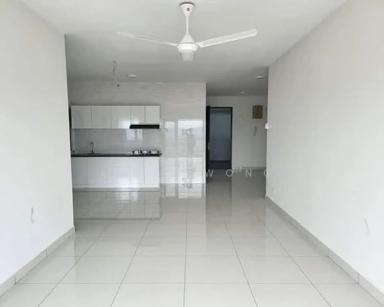Living features: white painted walls, glossy ceramic tile flooring, 5-blade ceiling fan with light, floor-to-ceiling windows, open-plan layout, kitchen area with white cabinetry, stainless-steel sink, built-in oven, cooktop, recessed downlights; style: modern; view: city. Kitchen features: white cabinetry, stainless-steel sink, built-in oven, cooktop, recessed downlights; style: modern.