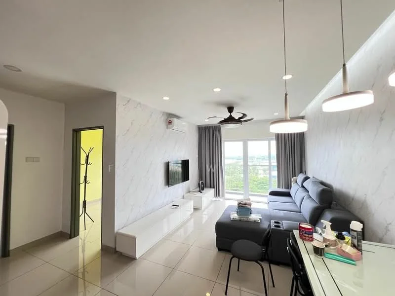Living features: grey sectional sofa, white coffee table, wall-mounted TV, white TV console, marble accent wall, recessed downlights, 5-blade ceiling fan, floor-to-ceiling windows, curtains, tile flooring, decorative wall art, open layout, view of city skyline; style: modern; view: city. Room features: yellow door, coat rack.