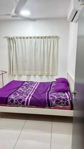 Bedroom features: queen-size bed with purple bedding, white walls, tile flooring, floor-to-ceiling window with sheer curtains, 1 wall-mounted split AC, ceiling fan, bedside table, decorative wall art; style: modern.