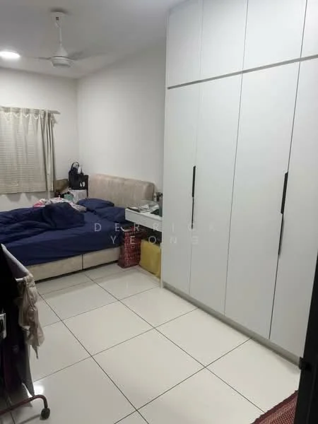 Bedroom features: queen-size bed with blue bedding, upholstered headboard, white built-in wardrobe with sliding doors, white walls, tile flooring, ceiling fan, curtains on window, nightstand with lamp, decorative items on nightstand, clothes on bed, laundry rack, area rug; style: modern.