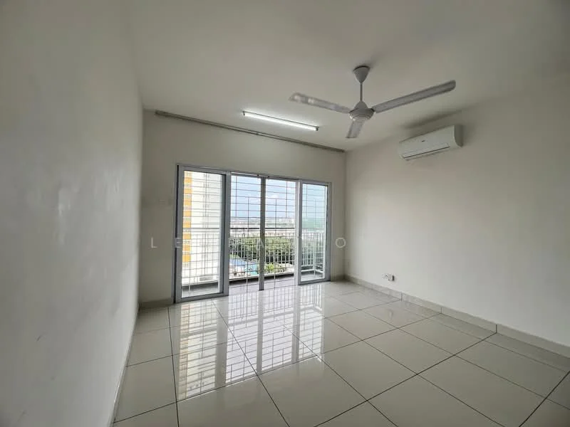 Living features: white painted walls, glossy white tile flooring, 5-blade ceiling fan with light, wall-mounted split AC, floor-to-ceiling sliding glass doors, natural light from windows, view of city skyline; style: modern; view: city.