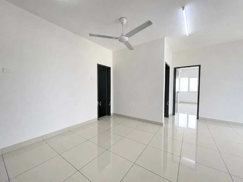 Room features: white painted walls, glossy ceramic tile flooring, ceiling fan, recessed LED downlights, two doorways, large window, neutral color scheme; style: modern.