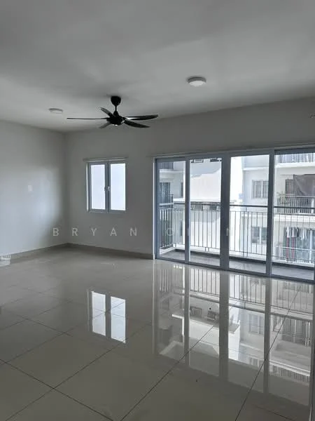 Living features: white painted walls, glossy ceramic tile flooring, 5-blade ceiling fan, floor-to-ceiling sliding glass door, balcony access, large window, recessed downlights, neutral color scheme; style: modern.